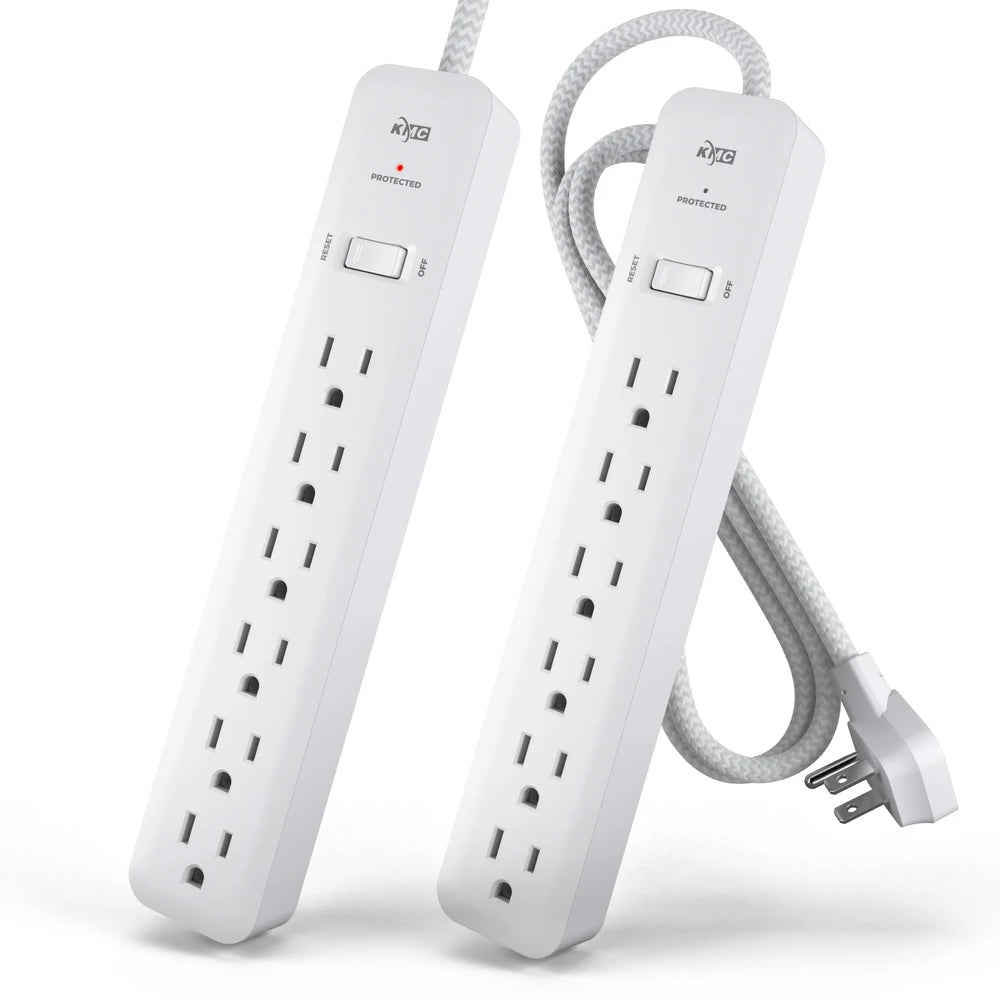 KMC 6-Outlet Surge Protector Power Strip 4 ft cord 2-Pack 1080J Power Surge Protector 4-Foot Long Braided Extension Cord with Multiple Outlets Power Strip Surge Protector 6 Power Outlet Flat Plug